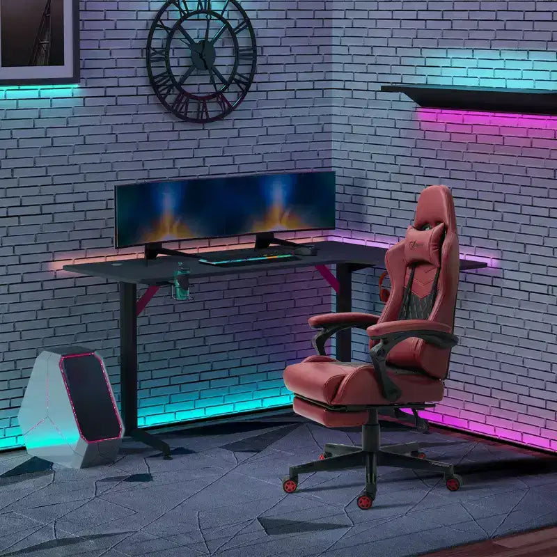 Chaise de Bureau Gamer Vinsetto Racing Gaming Chair en Cuir PU, avec Repose-Pieds, Support Lombaire et Hauteur Réglable