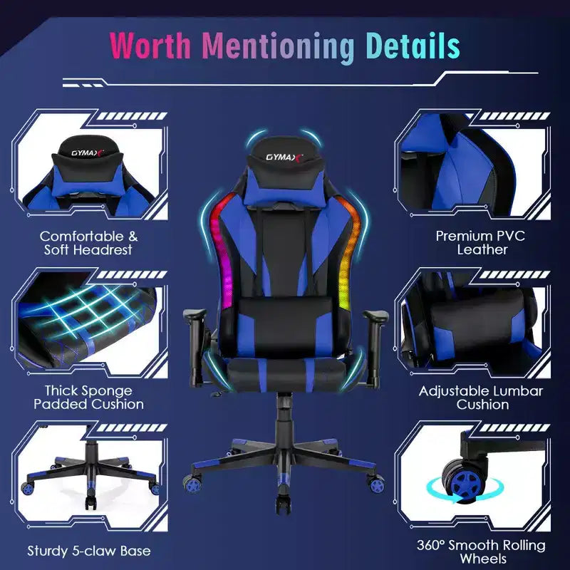 Costway Gaming Chair Adjustable Swivel Computer Chair w/ Dynamic LED Lights