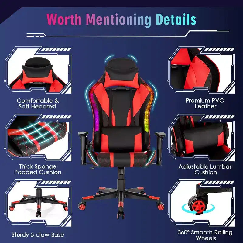 Costway Gaming Chair Adjustable Swivel Computer Chair w/ Dynamic LED Lights