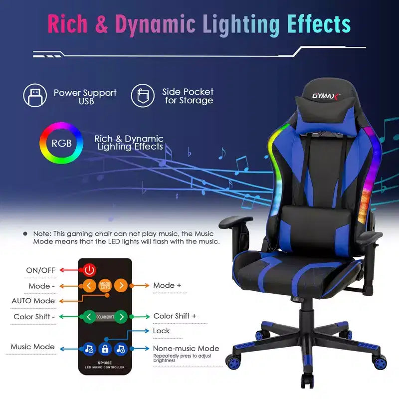 Costway Gaming Chair Adjustable Swivel Computer Chair w/ Dynamic LED Lights