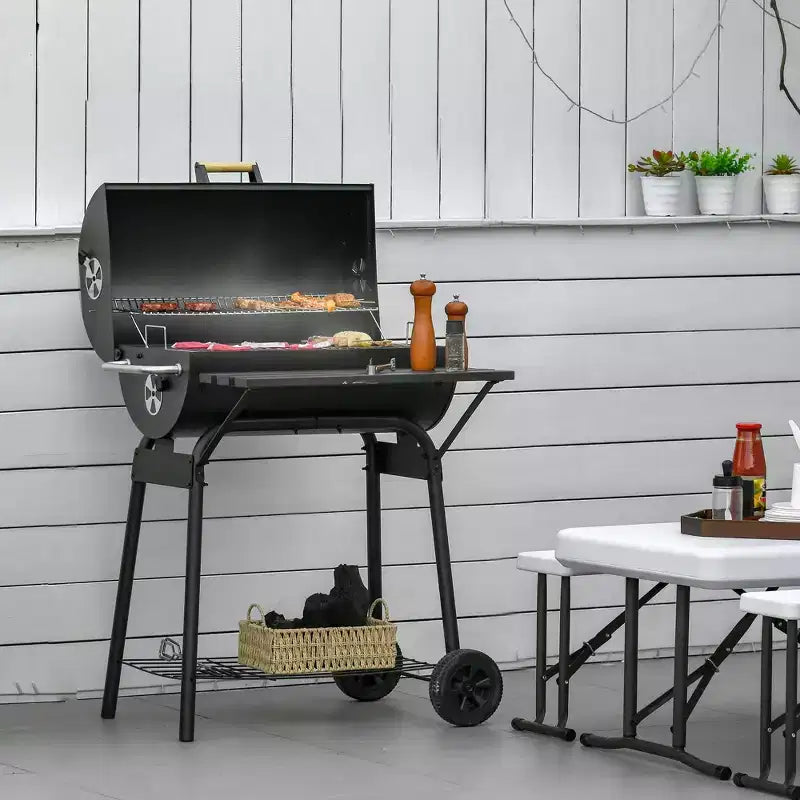 Outsunny Barbecue portable au charbon de bois 30 po en acier au carbone avec grille à charbon réglable, étagère de rangement et roues, pour le jardin, le camping et les pique-niques