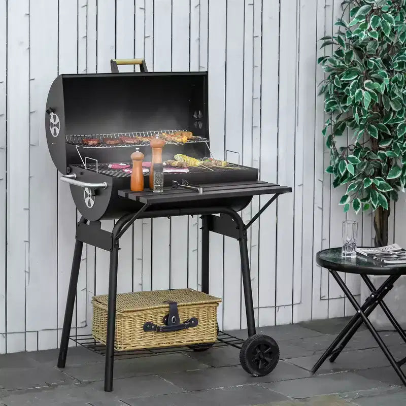 Outsunny Barbecue portable au charbon de bois 30 po en acier au carbone avec grille à charbon réglable, étagère de rangement et roues, pour le jardin, le camping et les pique-niques