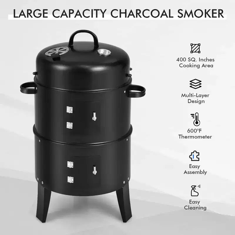 Costway3-in-1 Vertical Charcoal Smoker Portable BBQ Smoker Grill with Detachable 2 Layer