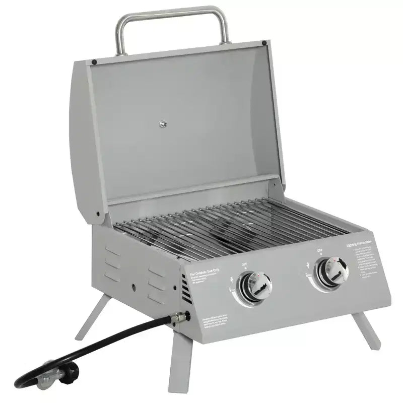 Outsunny Barbecue portatif de table à gaz propane à 2 brûleurs avec pieds pliables, couvercle, thermomètre pour le camping, le pique-nique, le jardin