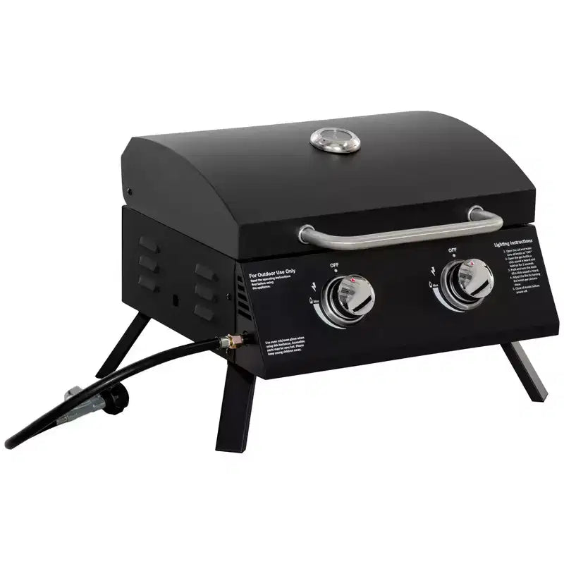 Outsunny Barbecue portatif de table à gaz propane à 2 brûleurs avec pieds pliables, couvercle, thermomètre pour le camping, le pique-nique, le jardin