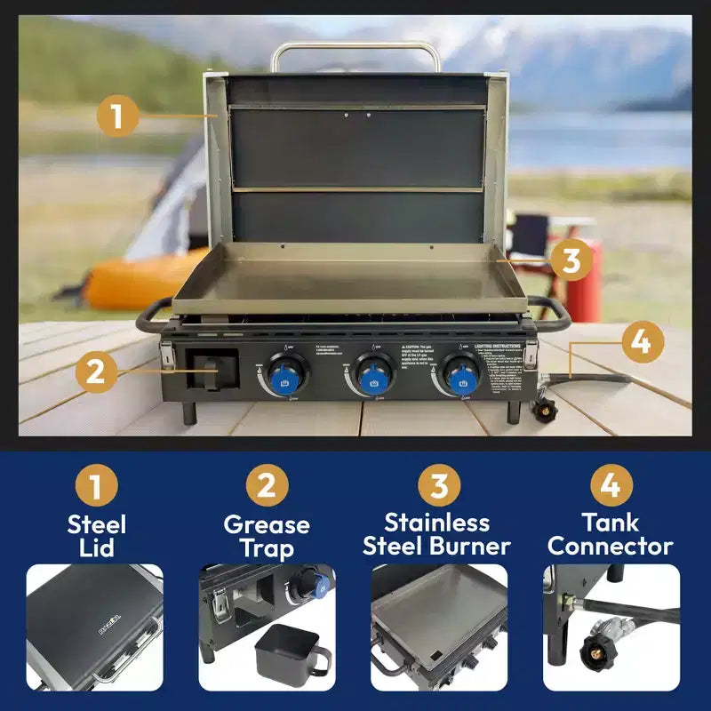 Razor 34.5 Planche chauffante portable à 3 brûleurs pour le jardin et le camping
