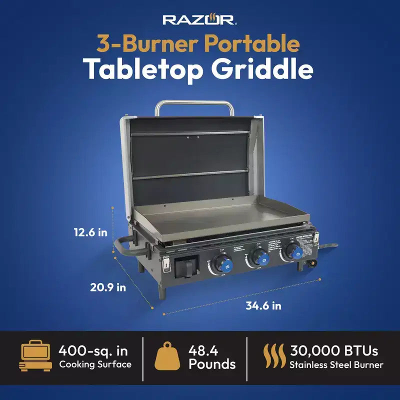 Razor 34.5 Planche chauffante portable à 3 brûleurs pour le jardin et le camping