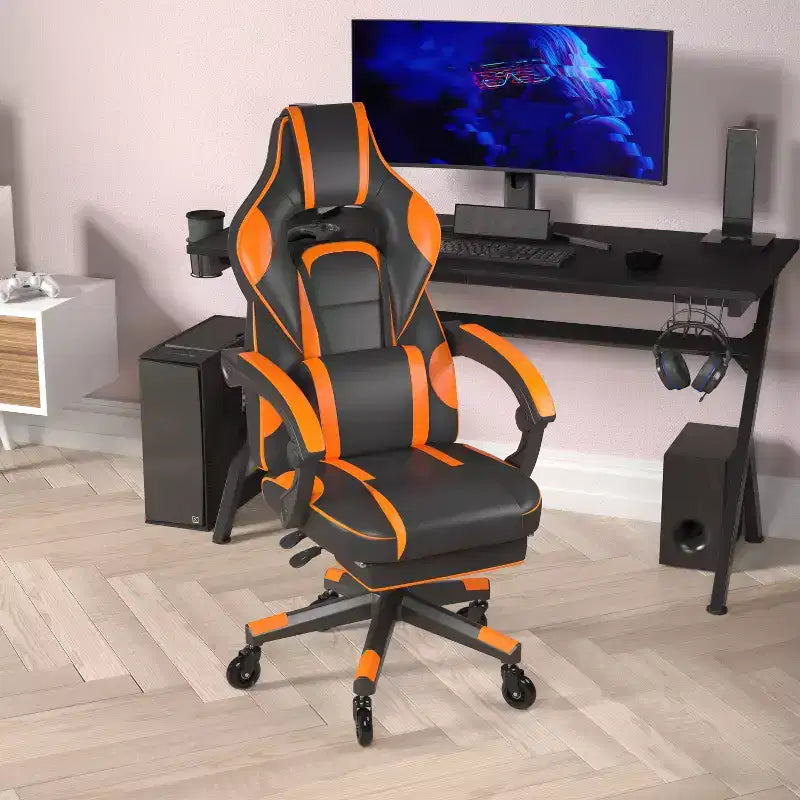 Flash Furniture X40 Gaming Chair Racing Computer Chair with Fully Reclining Back/Arms and Transparent Roller Wheels, Slide-Out Footrest