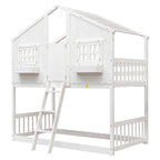Twin over Twin House Bunk Bed with Roof , Window, Window Box, Door , with Safety Guardrails and Ladder, Grey