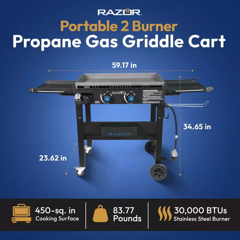 Razor Griddle Portable 2 Burner 30,000 BTU Gas Grill & Griddle Cart w/Shelves