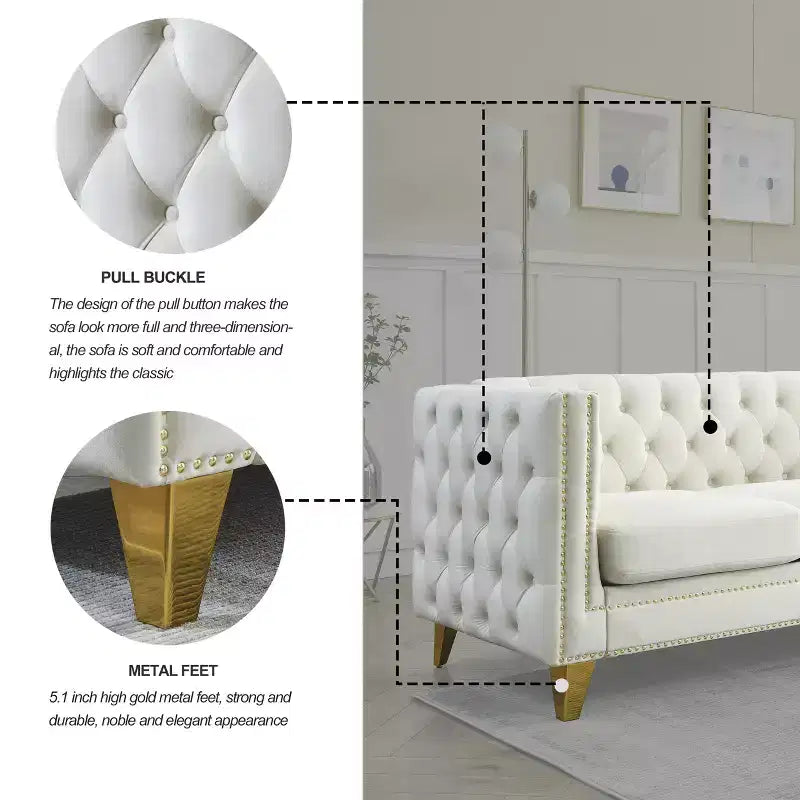 Living Room Modern Velvet Sofa With Button Tufted Square Arms And Metal Legs - ModernLuxe