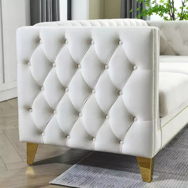 Living Room Modern Velvet Sofa With Button Tufted Square Arms And Metal Legs - ModernLuxe