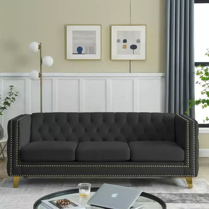 Living Room Modern Velvet Sofa With Button Tufted Square Arms And Metal Legs - ModernLuxe