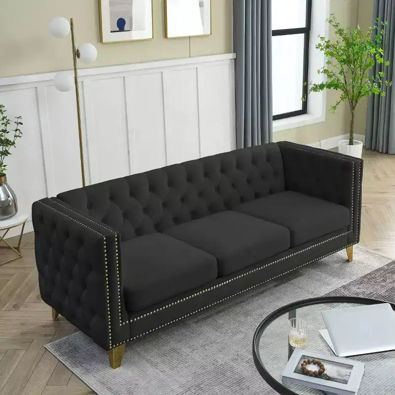 Living Room Modern Velvet Sofa With Button Tufted Square Arms And Metal Legs - ModernLuxe
