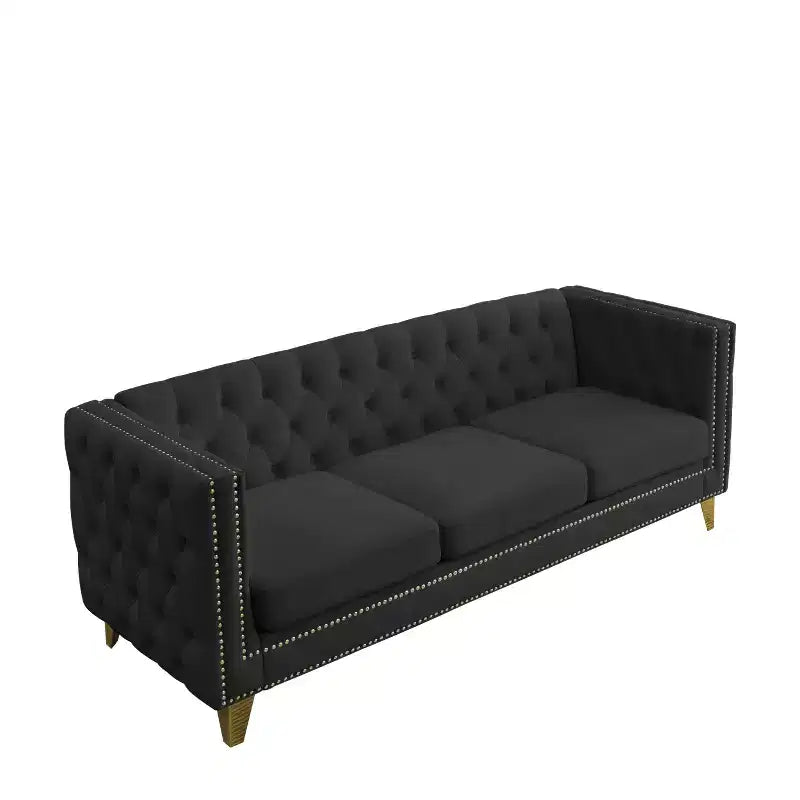 Living Room Modern Velvet Sofa With Button Tufted Square Arms And Metal Legs - ModernLuxe