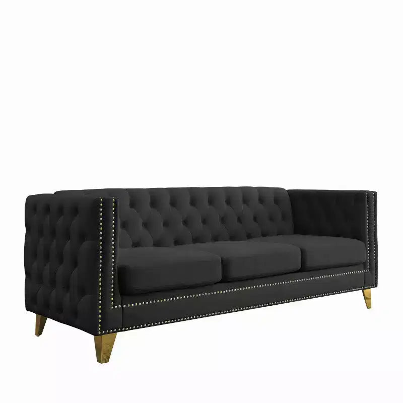 Living Room Modern Velvet Sofa With Button Tufted Square Arms And Metal Legs - ModernLuxe