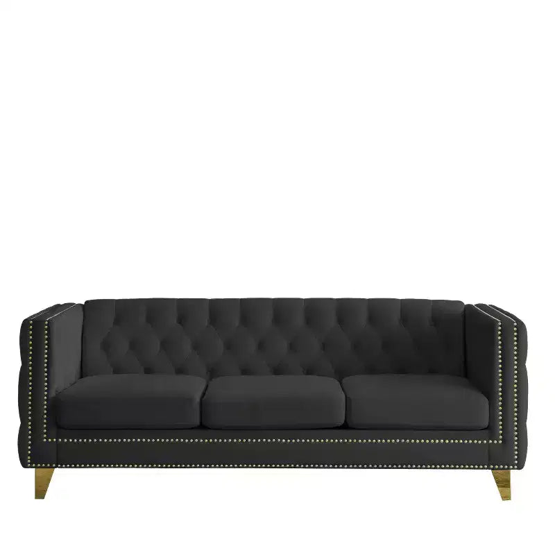 Living Room Modern Velvet Sofa With Button Tufted Square Arms And Metal Legs - ModernLuxe