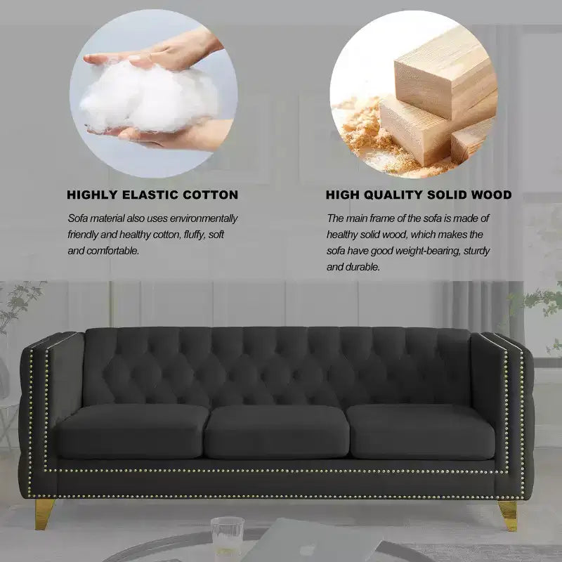Living Room Modern Velvet Sofa With Button Tufted Square Arms And Metal Legs - ModernLuxe