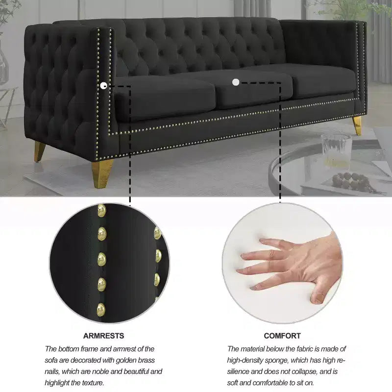 Living Room Modern Velvet Sofa With Button Tufted Square Arms And Metal Legs - ModernLuxe