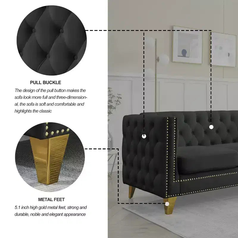 Living Room Modern Velvet Sofa With Button Tufted Square Arms And Metal Legs - ModernLuxe