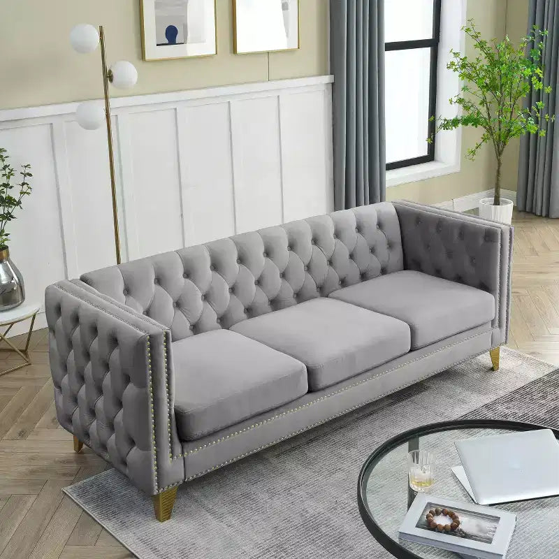 Living Room Modern Velvet Sofa With Button Tufted Square Arms And Metal Legs - ModernLuxe