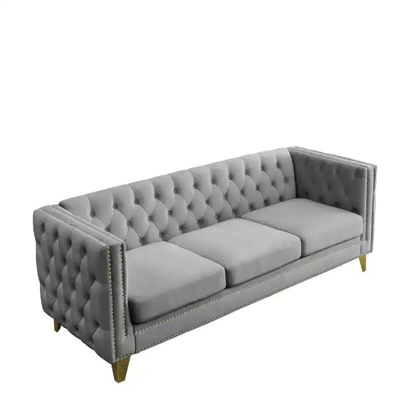 Living Room Modern Velvet Sofa With Button Tufted Square Arms And Metal Legs - ModernLuxe