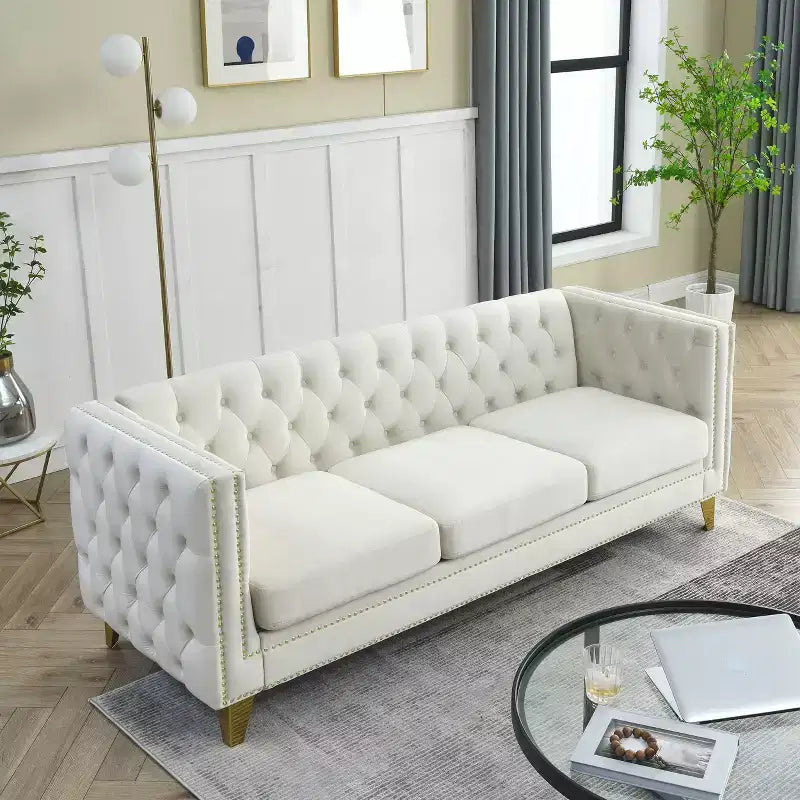 Living Room Modern Velvet Sofa With Button Tufted Square Arms And Metal Legs - ModernLuxe