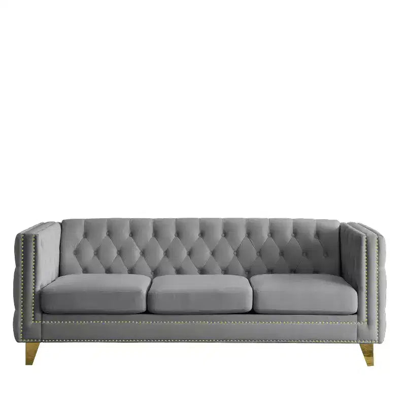 Living Room Modern Velvet Sofa With Button Tufted Square Arms And Metal Legs - ModernLuxe