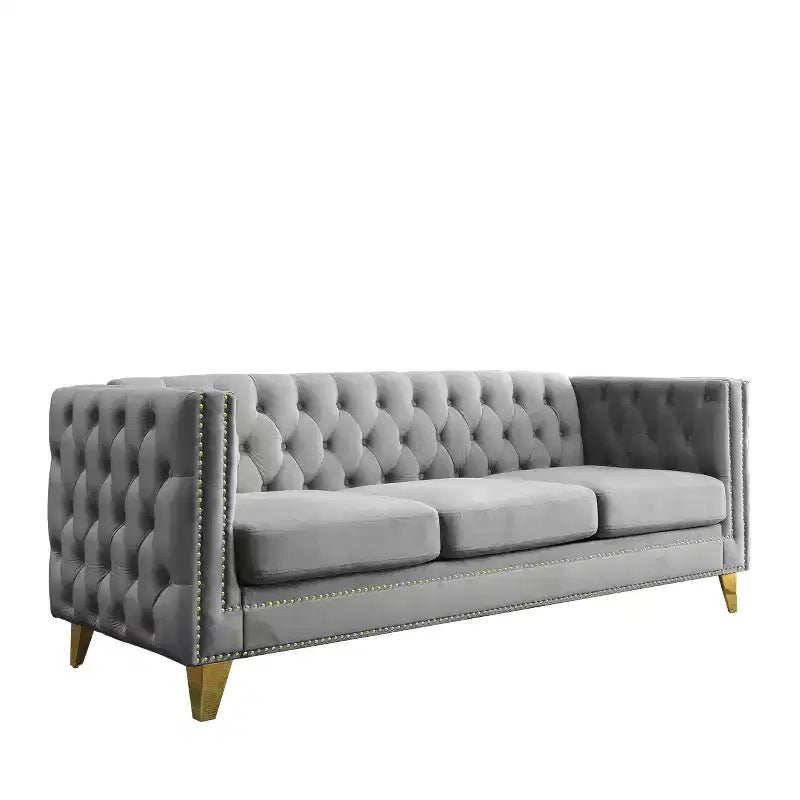 Living Room Modern Velvet Sofa With Button Tufted Square Arms And Metal Legs - ModernLuxe