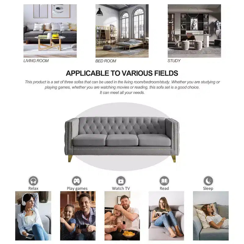 Living Room Modern Velvet Sofa With Button Tufted Square Arms And Metal Legs - ModernLuxe