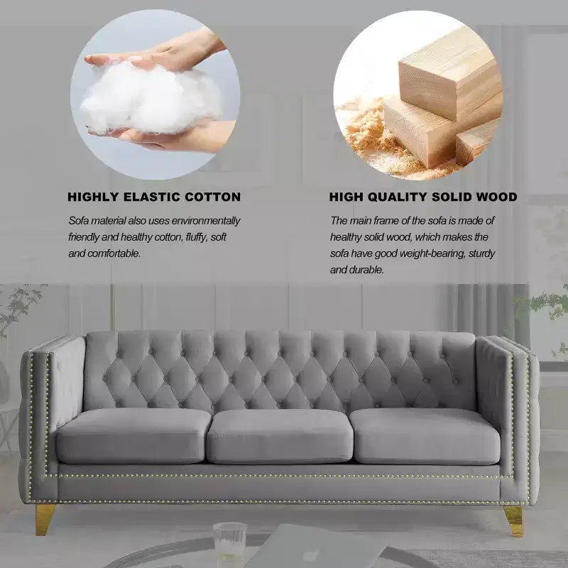 Living Room Modern Velvet Sofa With Button Tufted Square Arms And Metal Legs - ModernLuxe