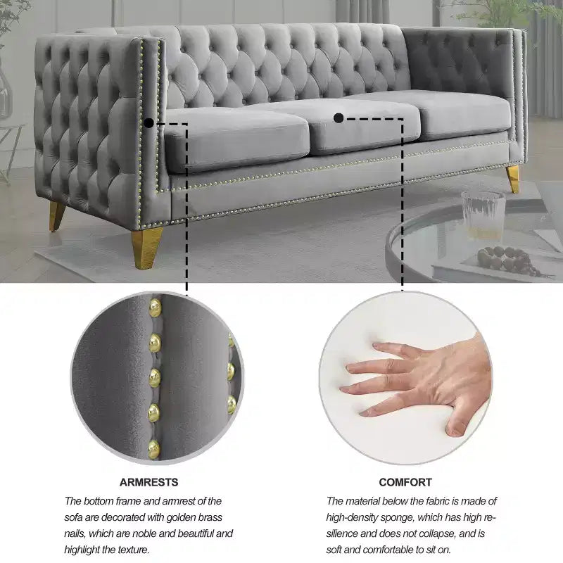 Living Room Modern Velvet Sofa With Button Tufted Square Arms And Metal Legs - ModernLuxe