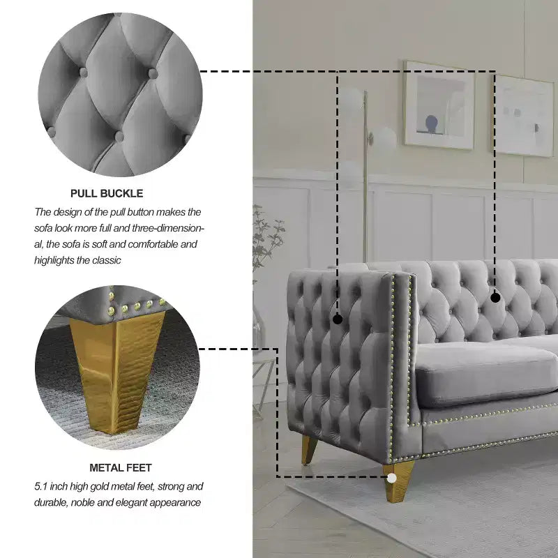 Living Room Modern Velvet Sofa With Button Tufted Square Arms And Metal Legs - ModernLuxe
