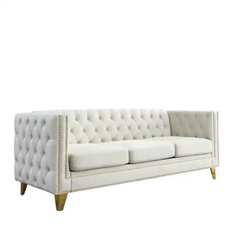 Living Room Modern Velvet Sofa With Button Tufted Square Arms And Metal Legs - ModernLuxe