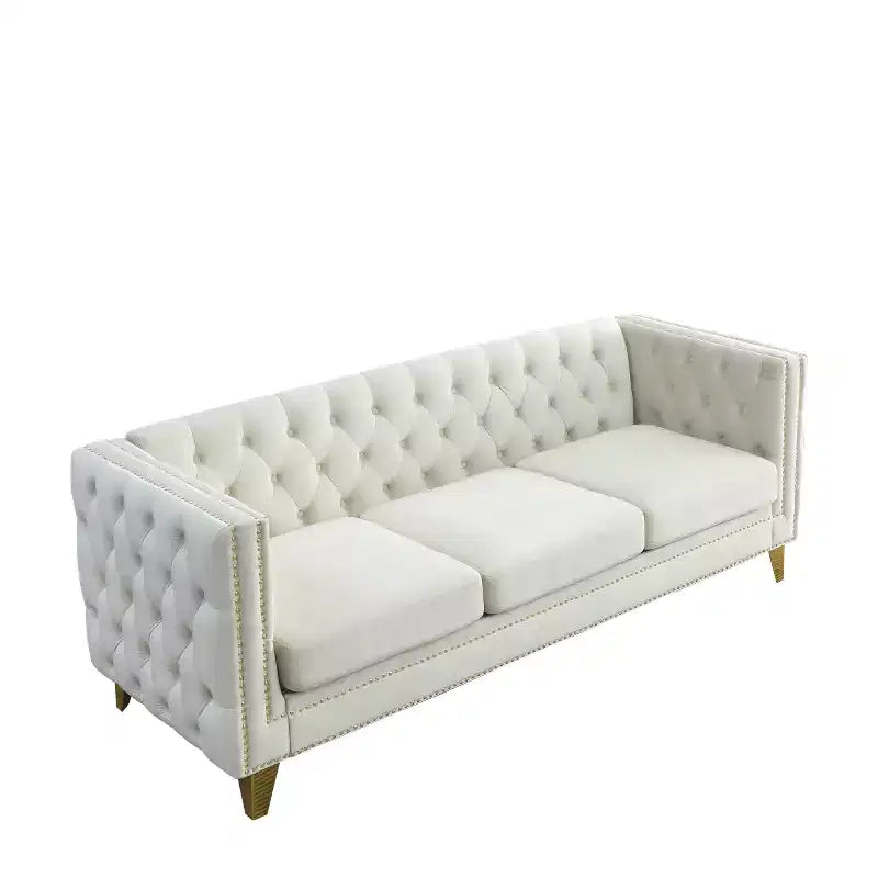Living Room Modern Velvet Sofa With Button Tufted Square Arms And Metal Legs - ModernLuxe