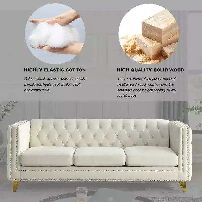 Living Room Modern Velvet Sofa With Button Tufted Square Arms And Metal Legs - ModernLuxe