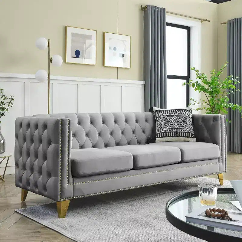 Living Room Modern Velvet Sofa With Button Tufted Square Arms And Metal Legs - ModernLuxe
