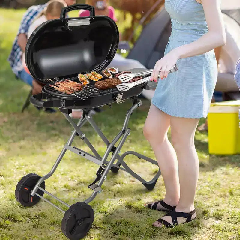 Barbecue portable au propane Costway, grill et plancha pliables avec roues et tablette latérale