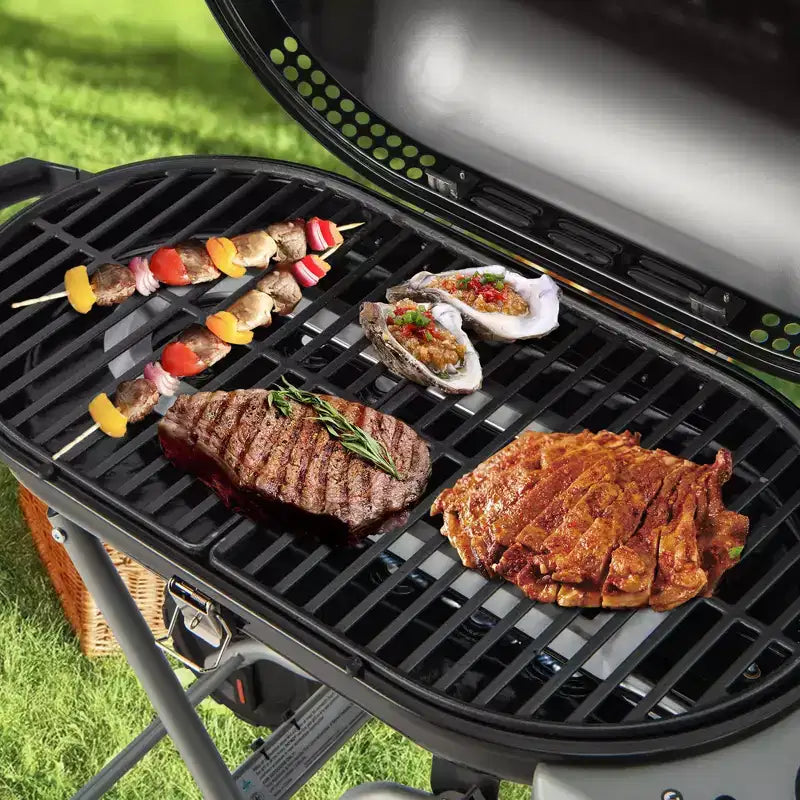 Barbecue portable au propane Costway, grill et plancha pliables avec roues et tablette latérale