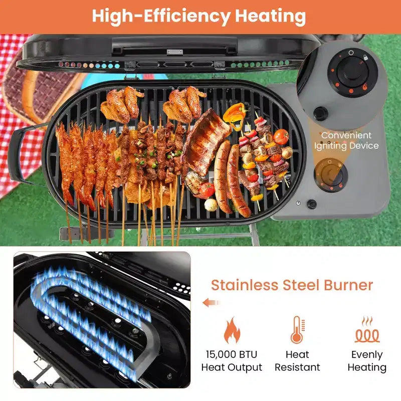 Barbecue portable au propane Costway, grill et plancha pliables avec roues et tablette latérale