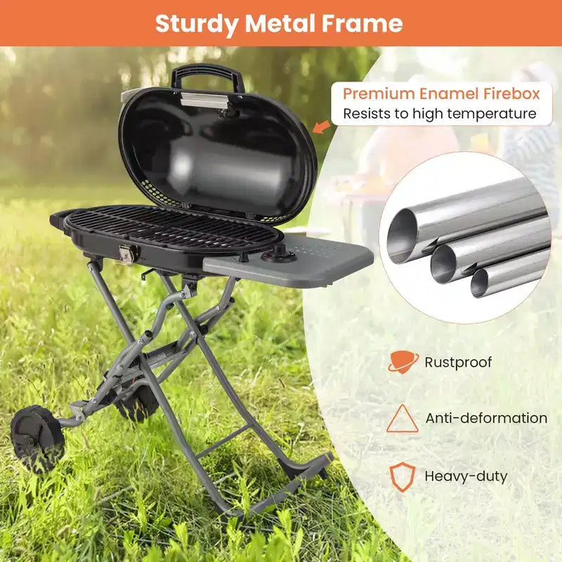 Barbecue portable au propane Costway, grill et plancha pliables avec roues et tablette latérale