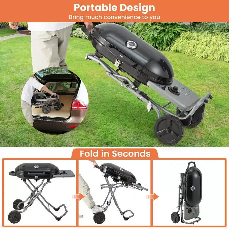 Barbecue portable au propane Costway, grill et plancha pliables avec roues et tablette latérale