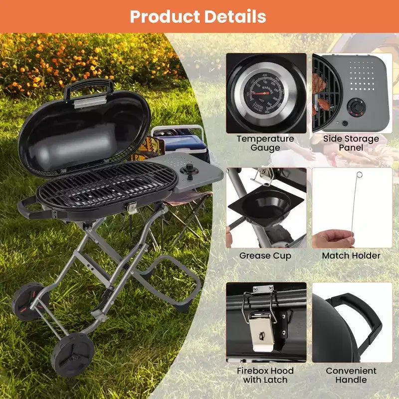 Barbecue portable au propane Costway, grill et plancha pliables avec roues et tablette latérale