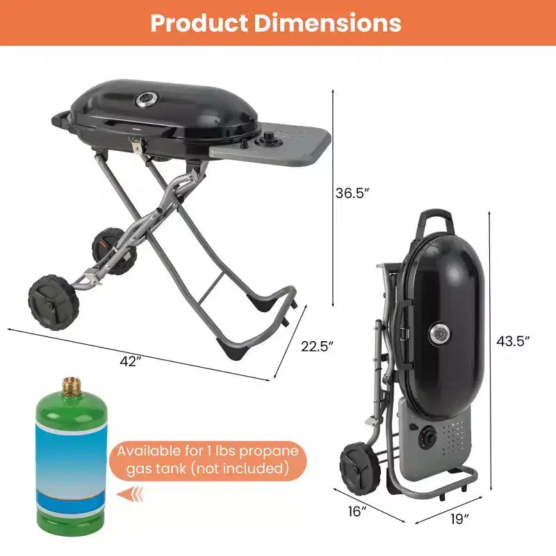 Barbecue portable au propane Costway, grill et plancha pliables avec roues et tablette latérale