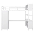 Off-White Metal Loft Bed with Desk and Wardrobe - Full Size