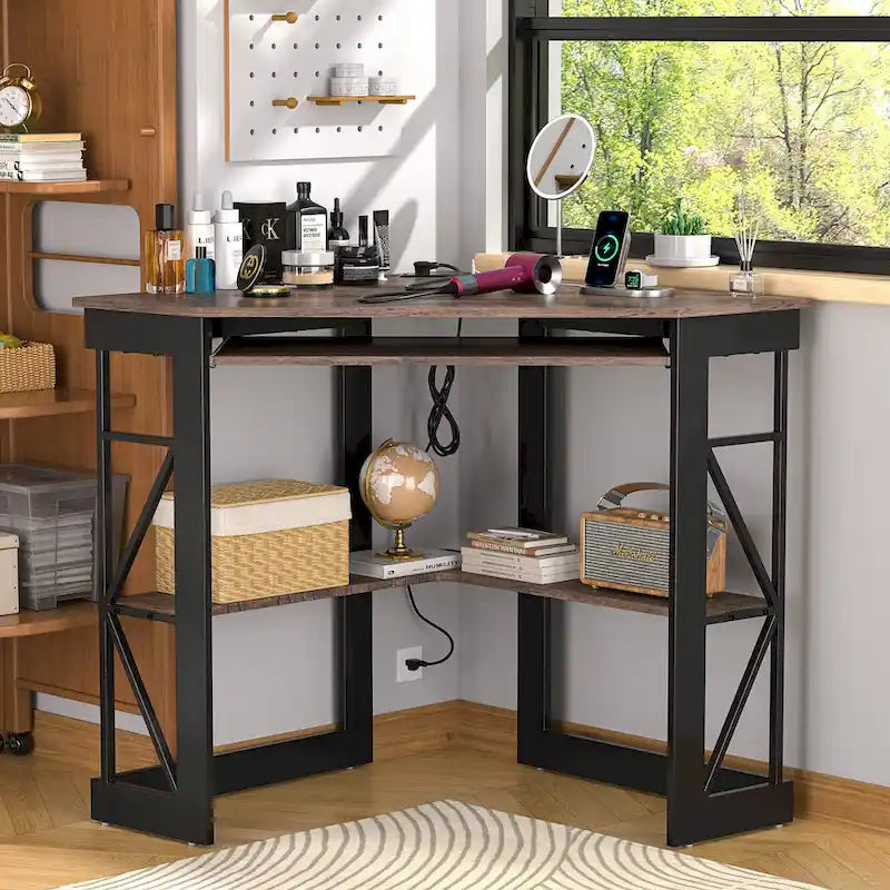 Corner Desk Small Desk with Outlets Corner Table for Small Space, Computer Desk with USB Ports Triangle Desk with Storage