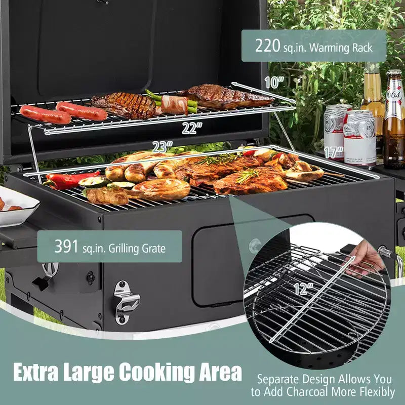 Costway Outdoor Charcoal Grill 391 sq.in. Cooking Area 2 Foldable Side Table BBQ Camping