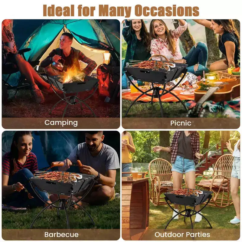 Costway 3-in-1 Portable Charcoal Grill Folding Camping Fire Pit with Carrying Bag & Gloves Black/Coffee