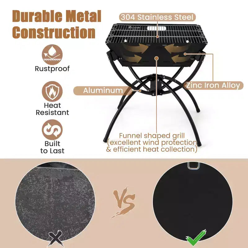 Costway 3-in-1 Portable Charcoal Grill Folding Camping Fire Pit with Carrying Bag & Gloves Black/Coffee