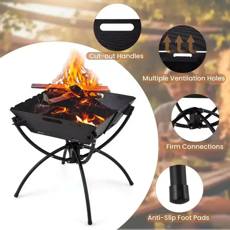 Costway 3-in-1 Portable Charcoal Grill Folding Camping Fire Pit with Carrying Bag & Gloves Black/Coffee